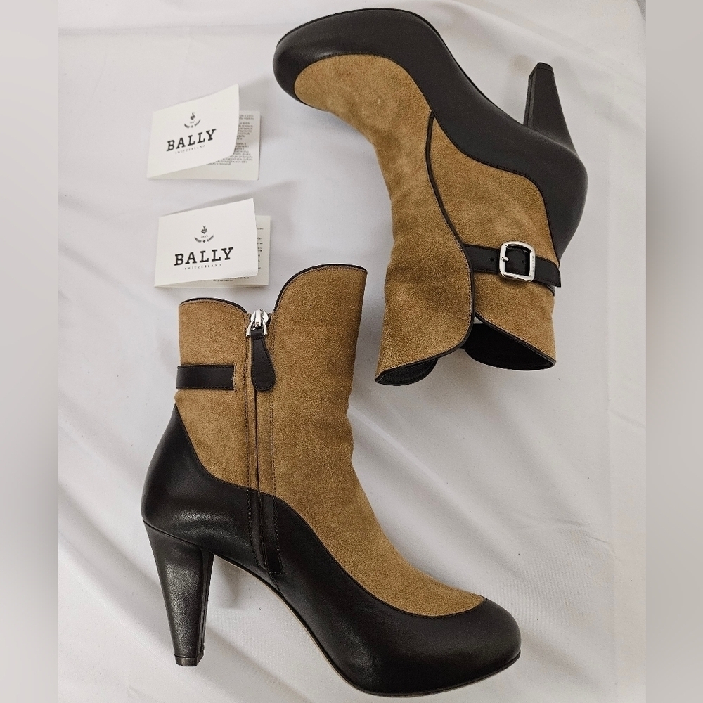 Bally Chanya Suede And Leather Heel Boots In Tan And Brown US Sz 6 EU Sz 36.5 - Picture 4 of 15